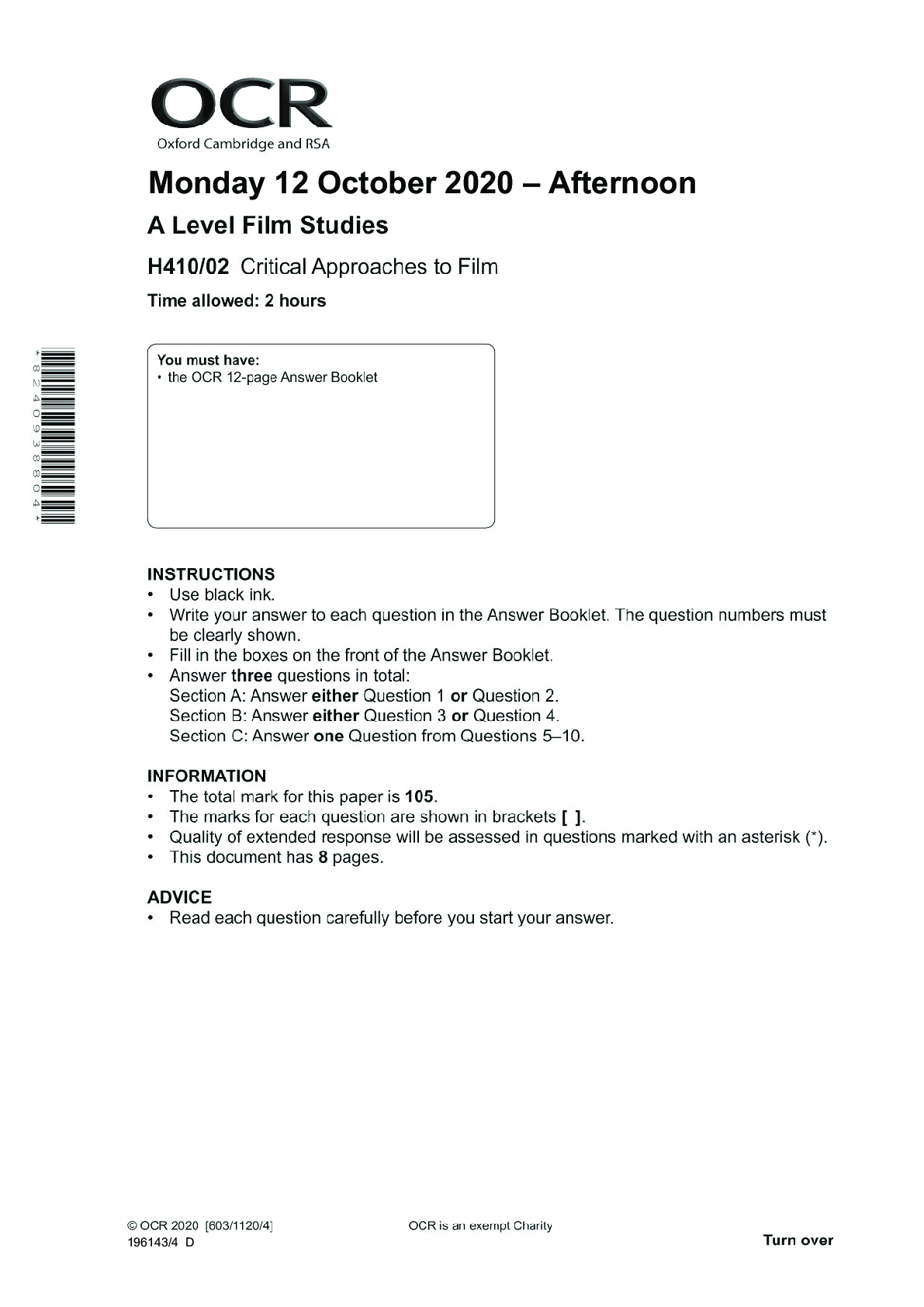 Preview of Film Studies H410/02: Critical approaches to film Advanced GCE Question Paper